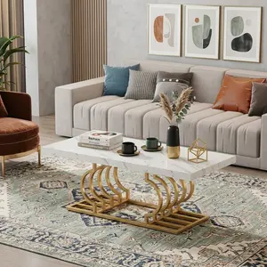 47 Inch Faux Marble Coffee Table, Modern Center Table Cocktail Table, Rectangular Tea Table Accent Furniture, Sturdy Leisure Side Table for Living Room Home Decor