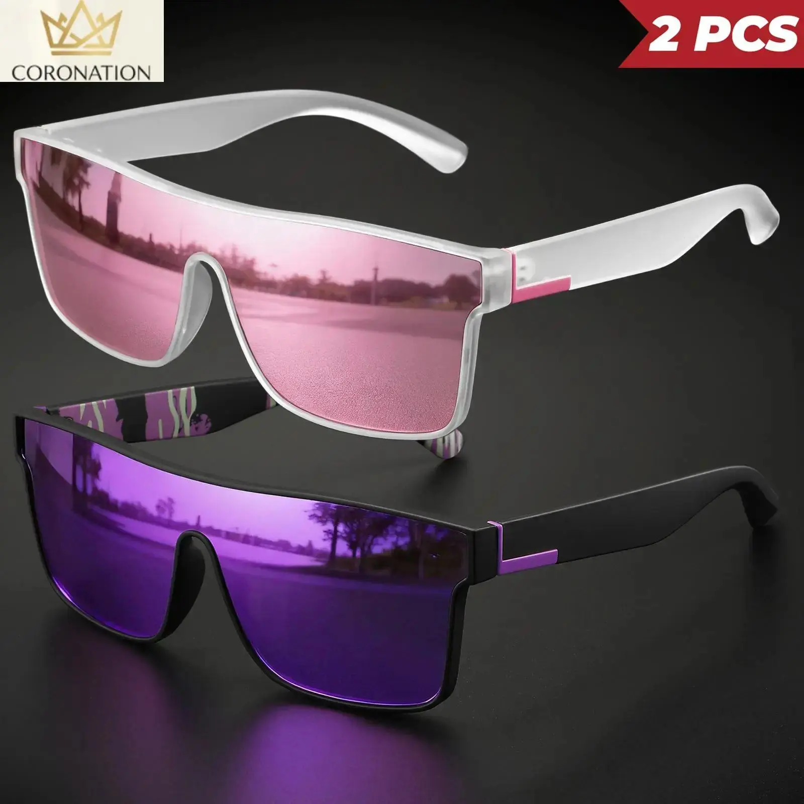 2PCS Sports Sunglasses for Men & Women, Trendy Colorful Wrap Around Shield Eyewear with UV400 One Piece Lens, Lightweight Windproof Cycling Glasses for Running, Driving, Fishing, Travel, Hiking & Daily Outdoor Sun Protection
