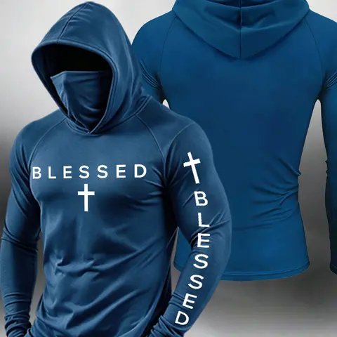 Men's "Blessed" Cross Print Slim-Fit Hoodies, Letter Graphic Hoodie, Faith-Based Long Sleeve Athletic Hooded Tops, Urban Gym Streetwear Outfits