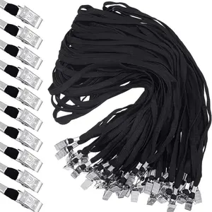 Loose flat lanyard with two bulldog clips - comfortable neck strap for ID badges+convenient hook for masks and cardholders
