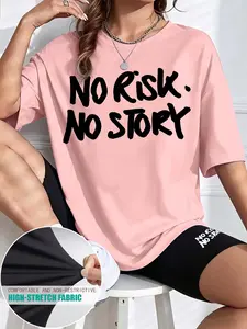 Women 2Pcs Crew Neck Tee Set, NO RISK NO STORY Bold Text Print, multi-color, washable, soft summer casual outfit