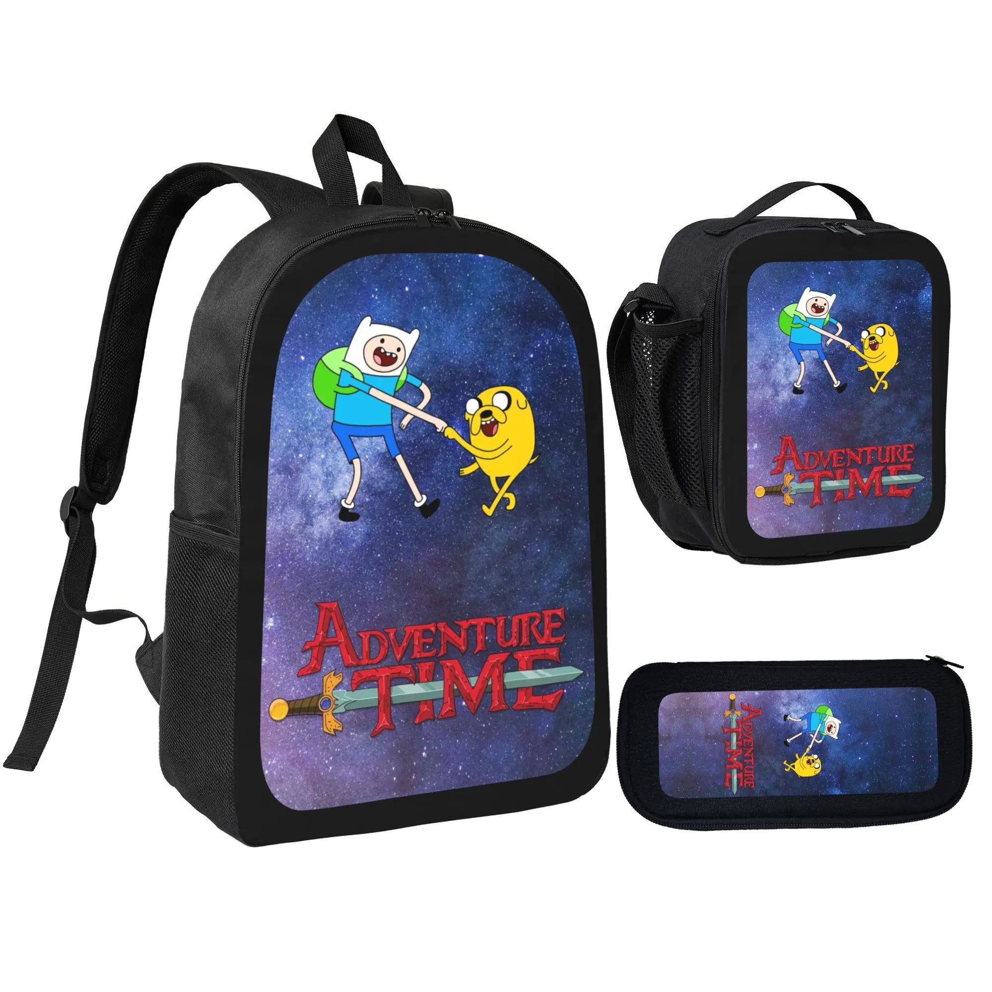 3-Piece Adventure Time2 Anime Print Backpack Kit, Unisex Student Bookbag Includes Lunch Bag & Pencil Box, Casual Daily Sports Backpack Gift for Youth