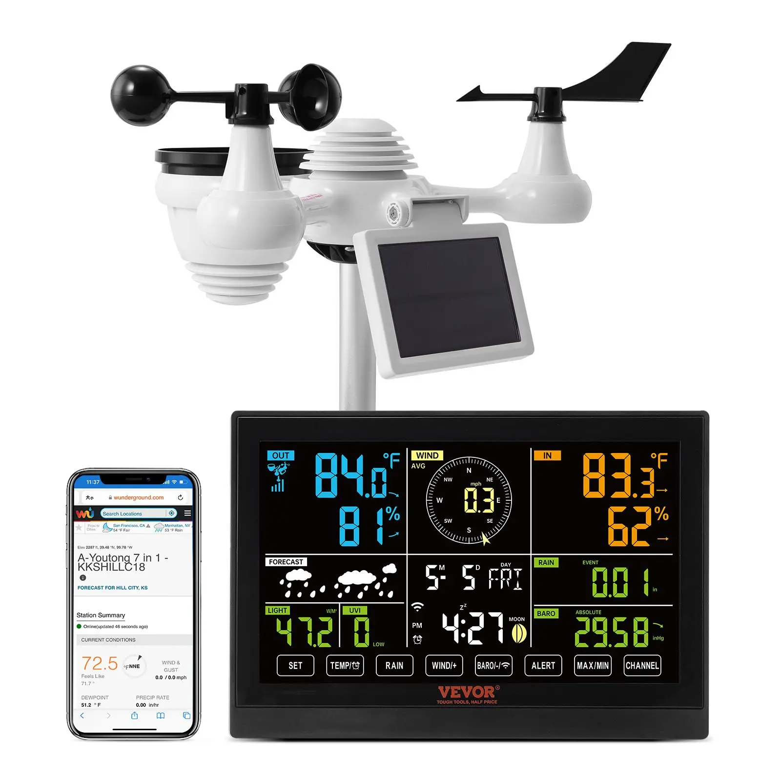 VEVOR 7-in-1 Wi-Fi Weather Station, 7.5 in Color Display, Home Weather Station Indoor Outdoor, with Solar Wireless Outdoor Sensor Alarm Alerts, for Temperature Humidity Wind Speed/Direction Rain
