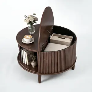 Mid-Century Modern Round Coffee Table with Storage | 31.69" Fluted Center Table with Sliding Door & 2-Tier Rustic Wood Top for Living Room, Artificial Board & Hardwood, Multifunctional, Wood Color, OLIXIS Brand