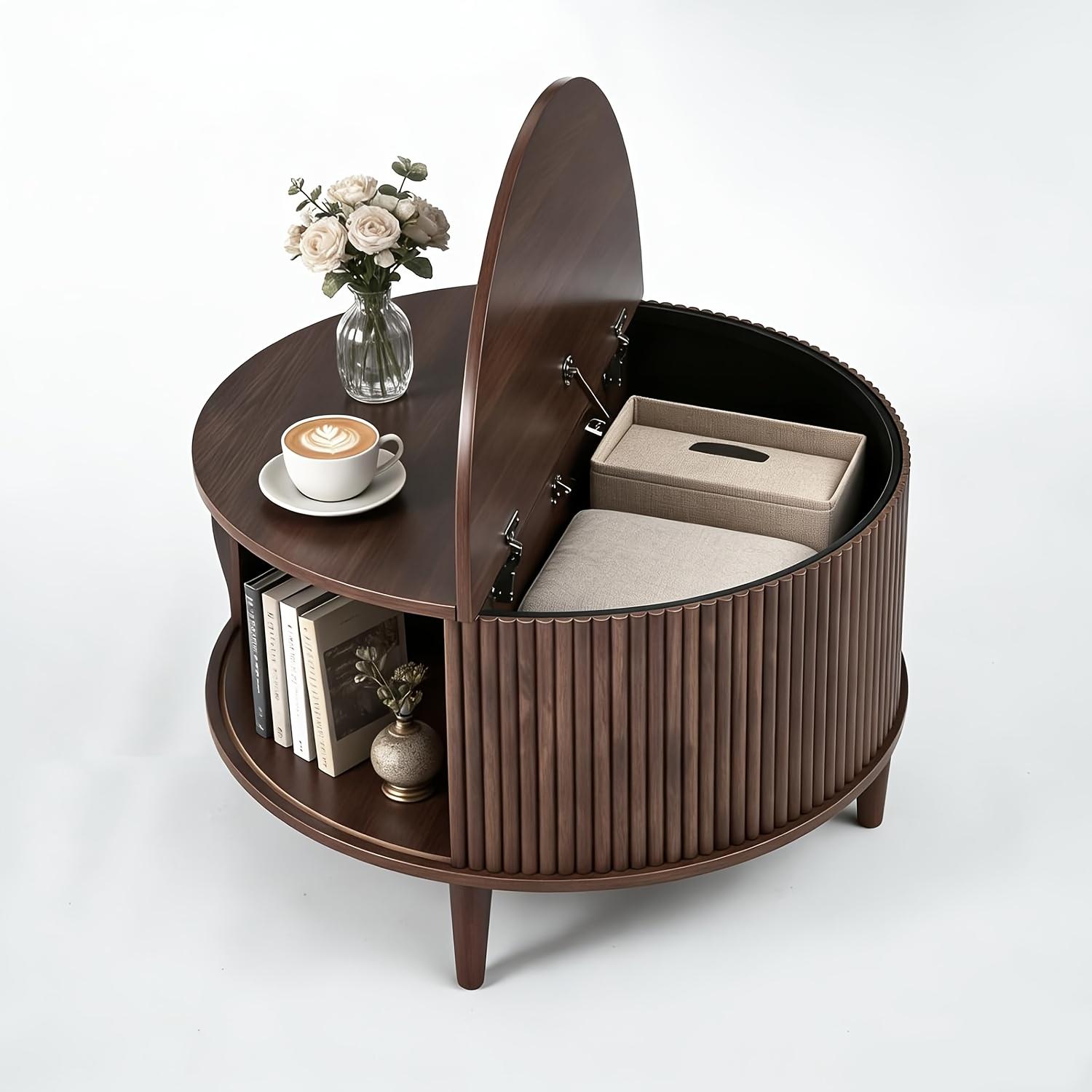 Mid-Century Modern Round Coffee Table with Storage | 31.69" Fluted Center Table with Sliding Door & 2-Tier Rustic Wood Top for Living Room, Artificial Board & Hardwood, Multifunctional, Wood Color, OLIXIS Brand