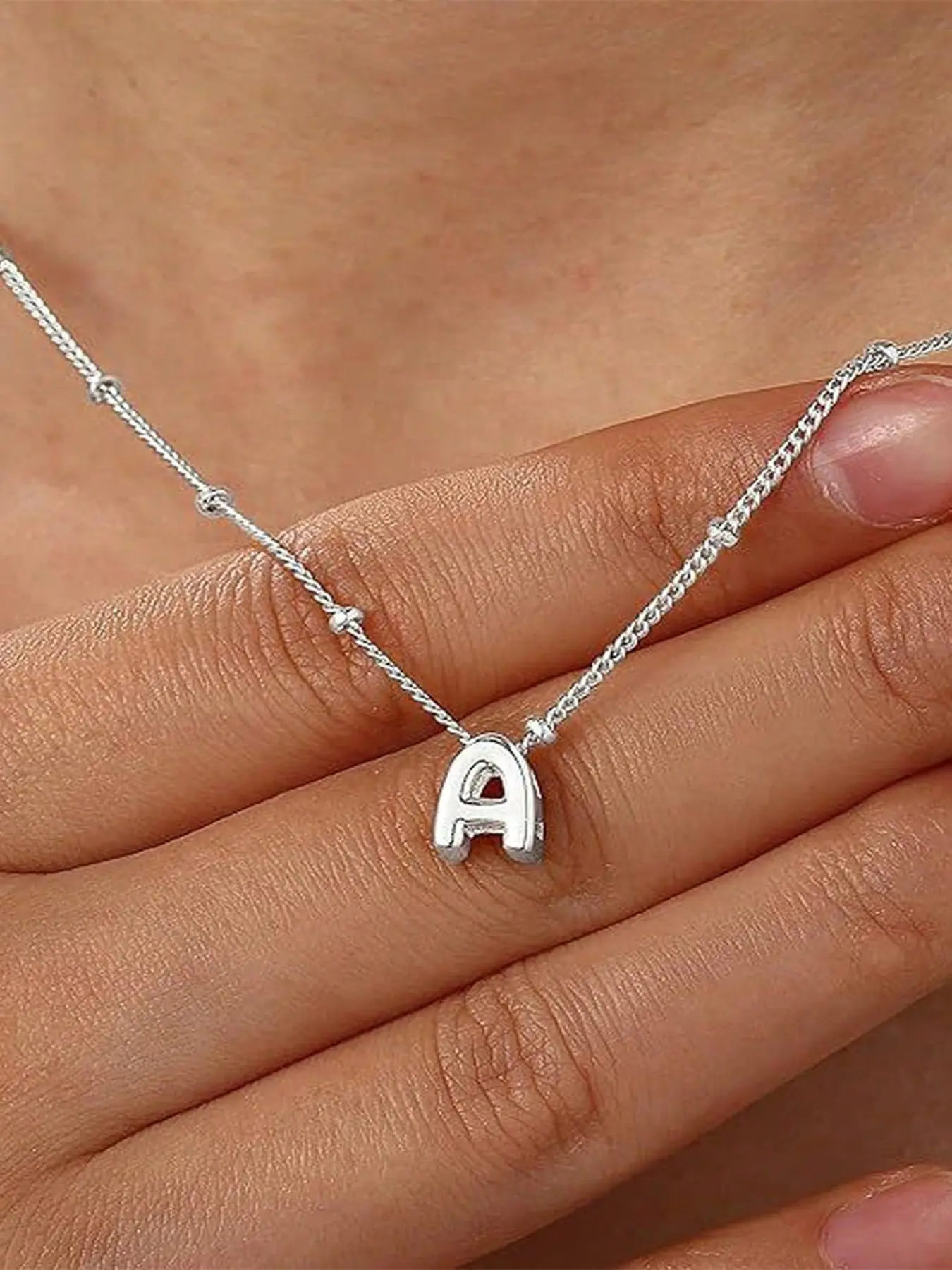 Silver bubble letter necklace, delicate A-Z initial bubble letter pendant necklace, personalized name necklace, cute gold chain jewelry; a perfect gift for Christmas, women, and teen girls.