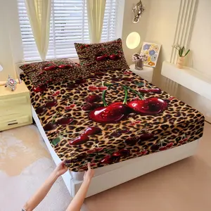 3pcs Leopard Print Cherry Themed Fitted Sheet Set, Red Cherry Print Bedding Set (1 Fitted Sheet + 2 Pillowcases, Pillow Inserts Not Included), Soft Microfiber Fabric, Deep Binding Design, Suitable For Bedroom Bedding Sets, Machine Washable.