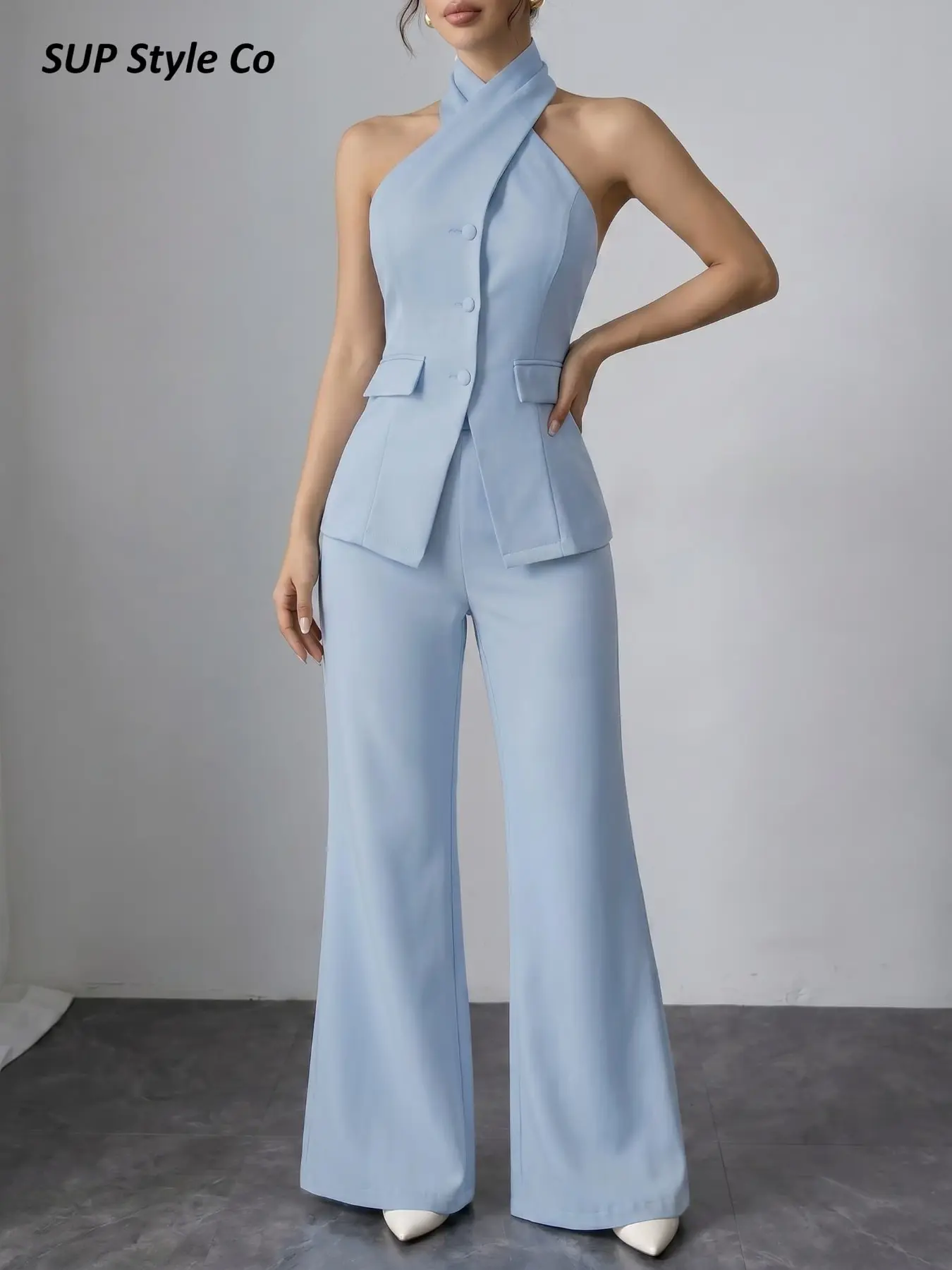 Women's Halter Waistcoat Suits Set with Wide Leg Pants, Elegant Shoulder Line, Slim Fit, All Seasons, Casual Style, Solid Pattern