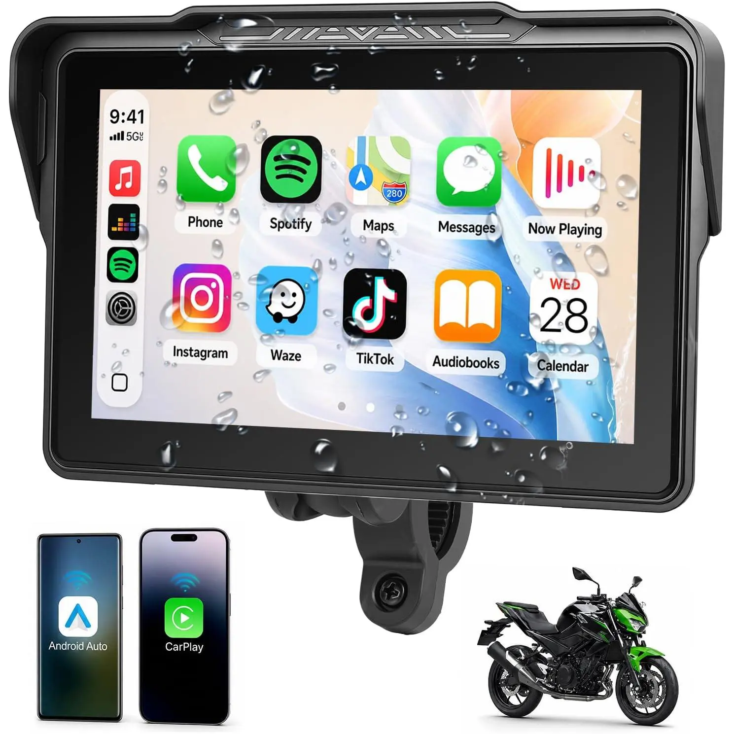 Motorcycle CarPlay Screen,7 “ Waterproof Touchscreen, Portable Carplay/Android Auto GPS Navigation for Motorbike,Support Dual Bluetooth, S-iri, G00gle Assistant with Digital Wired Controller