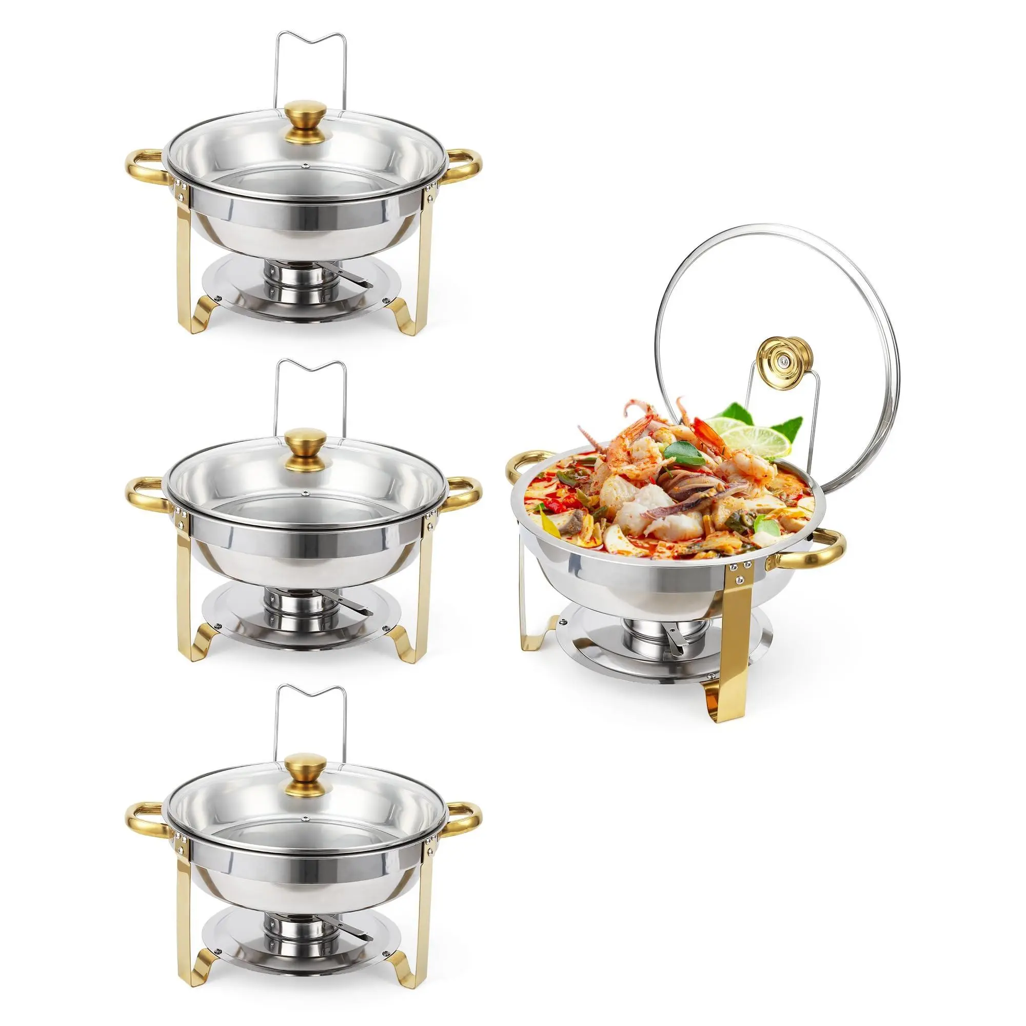 Garvee 4-Piece Buffet Plate Set with 5-Quart Stainless Steel Food Warmers and Glass Lids, Ideal for Catering, Parties, and Buffet Serving