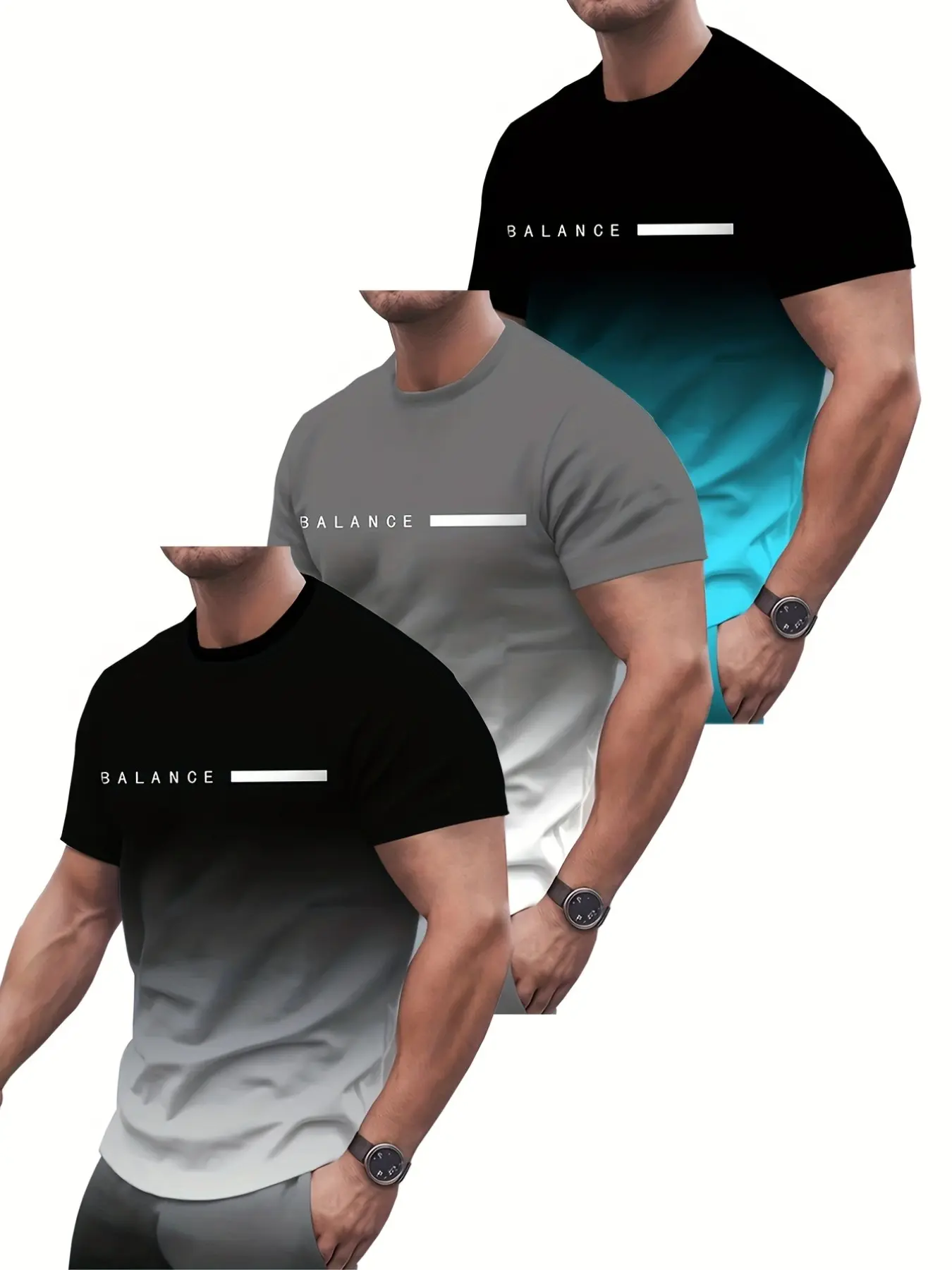 3-Pack Gradient Letter Signature 3D Digital Full-Body Print Men's Round Neck Pullover, Casual Short Sleeve T-Shirt, Spring & Fall