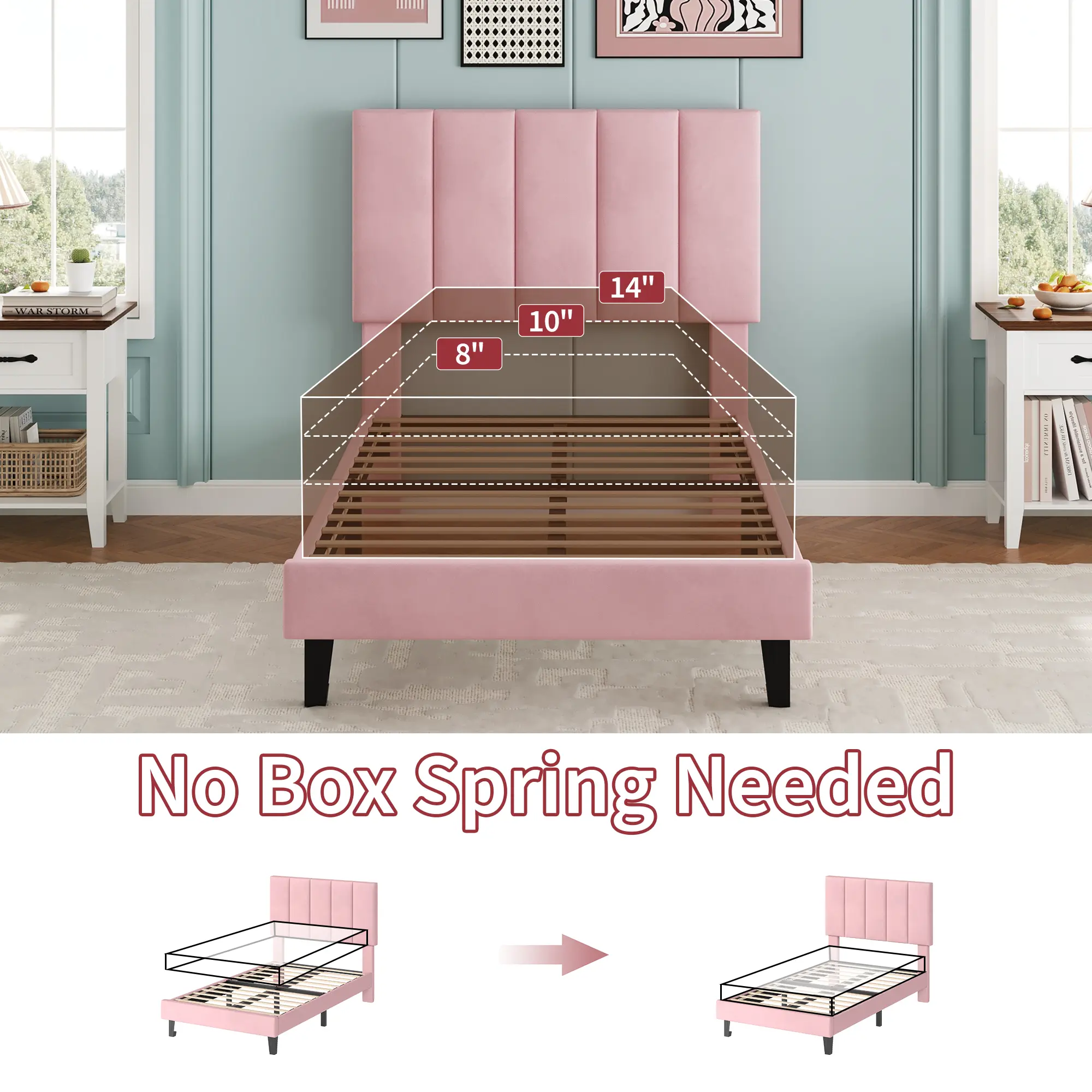 Velvet Upholstered Platform Bed Frame with Adjustable Headboard, Heavy-Duty Wood Slats, No Box Spring Needed