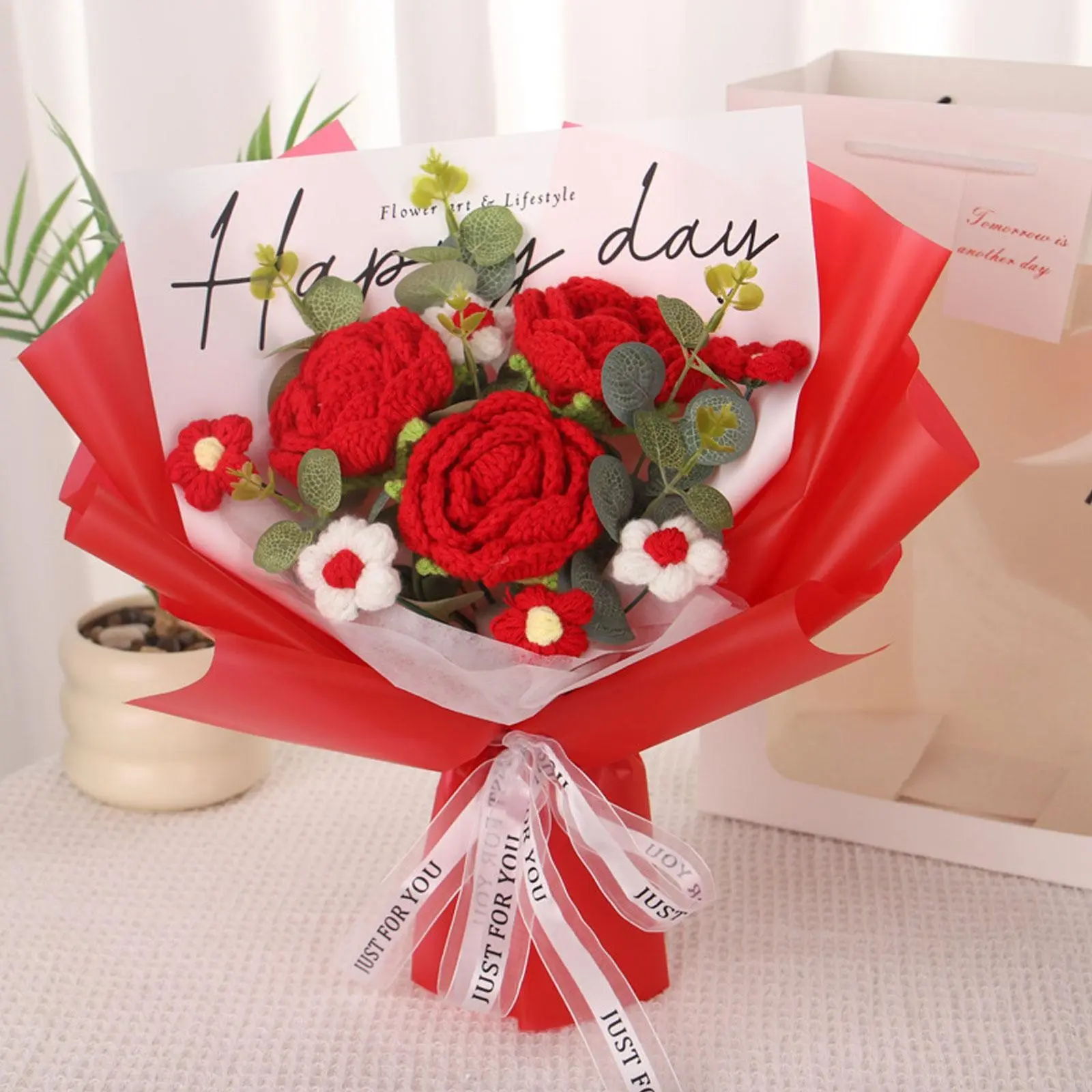 Handmade crochet bouquet of 3 roses, 1 artificial boutonniere, knitted flowers, Teacher's Day gift, Mother's Day gift, birthday gift, home decoration, party decoration, fruits, decorative bouquet