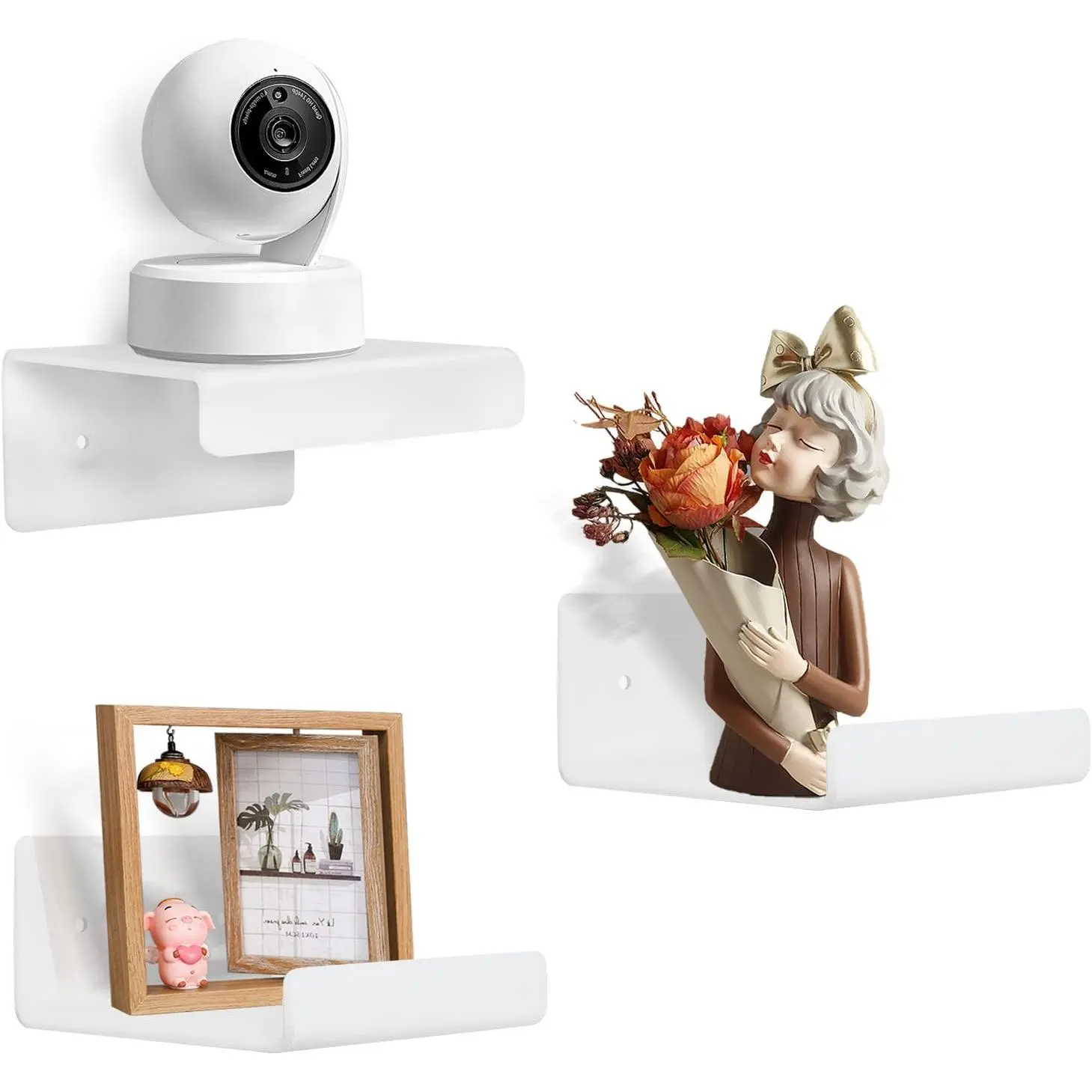 3-Pack White Decorative Floating Wall Shelves - 4'' Mini Hangable Wall Mounted Shelves, Nail-Free Sticker & Drilling Installation Options for Home Storage, Room Decor, Floating Shelves