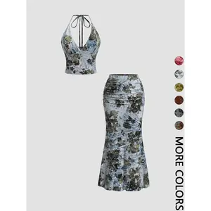 Women’s Floral Crop Top and Fishtail Skirt Set, Deep V Neck Sexy Two Piece Outfit, All-Over Print School and Party Fashion