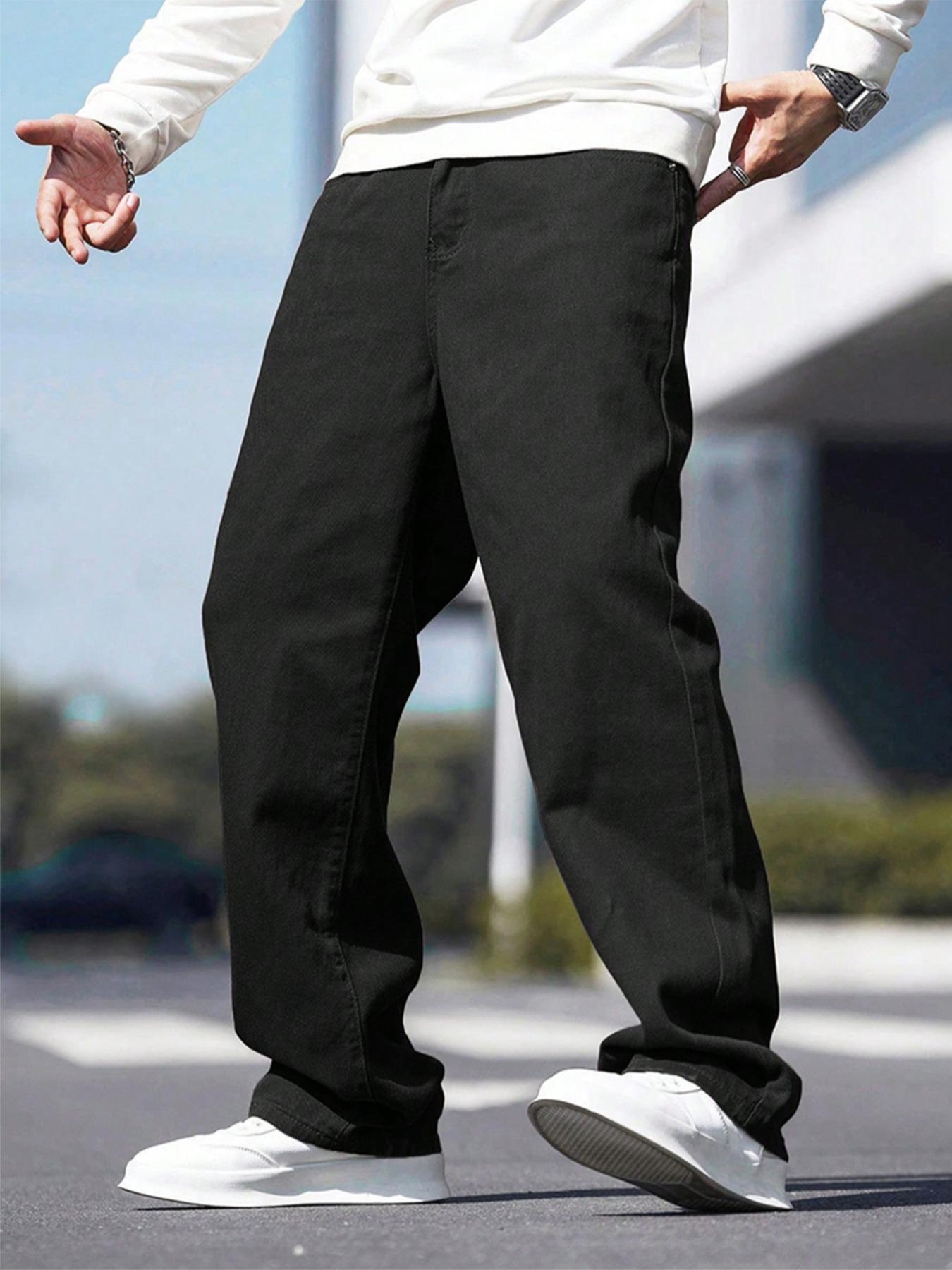 Men's Solid Wide-Leg Non Distressed Jeans - Loose Street Style, Comfort Fit, Everyday Casual Wear
