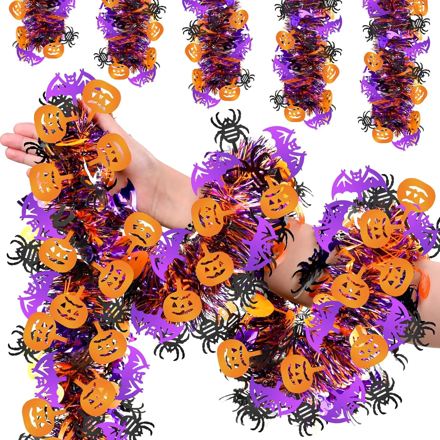 50 FT Halloween Tinsel Garland, Glitter Tinsel Garlands with Pumpkin Bat Spider, Metallic Holiday  Streamers for Halloween Party Supplies Indoor Outdoor Decoration