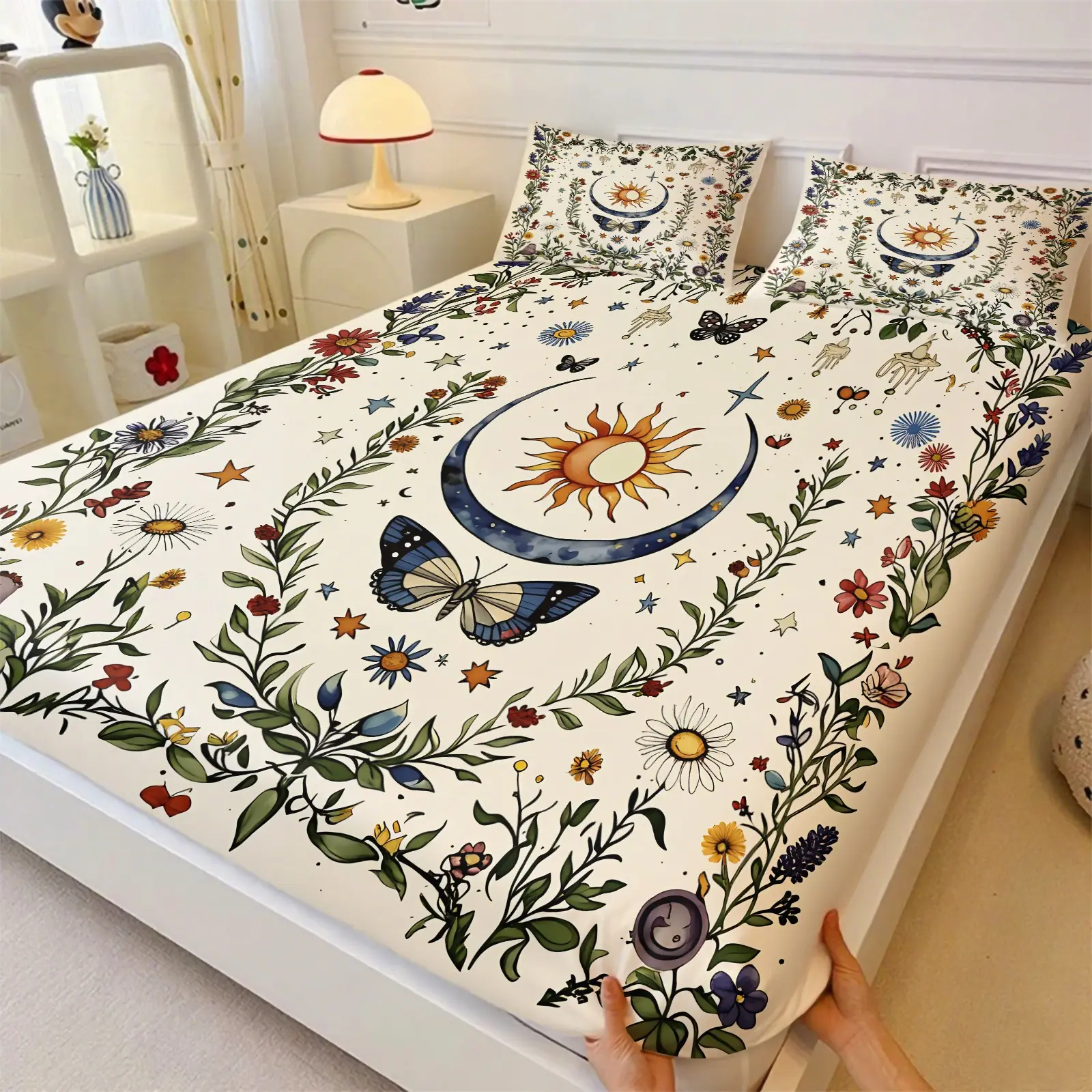 Boho Sun Moon Wildflower Butterfly Print Fitted Sheet Set, Boho Sheets, Vintage Floral Design, Durable Comfortable Mattress Protector, Rustic Country Decor, Gift For Nature Lovers