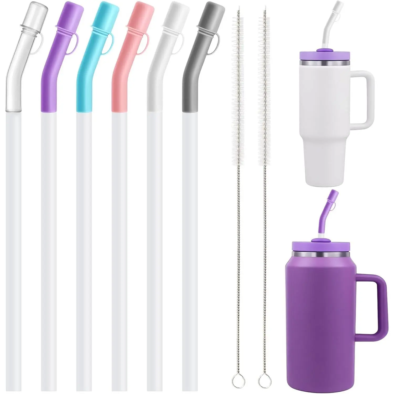 6 count  Straws with  Tips, 12 Inch Clear Plastic Straws with Flex Elbow  Covers, 40 oz Cup Tumbler  Straw with 2 Cleaning Brushes for Cold or Hot Drinks