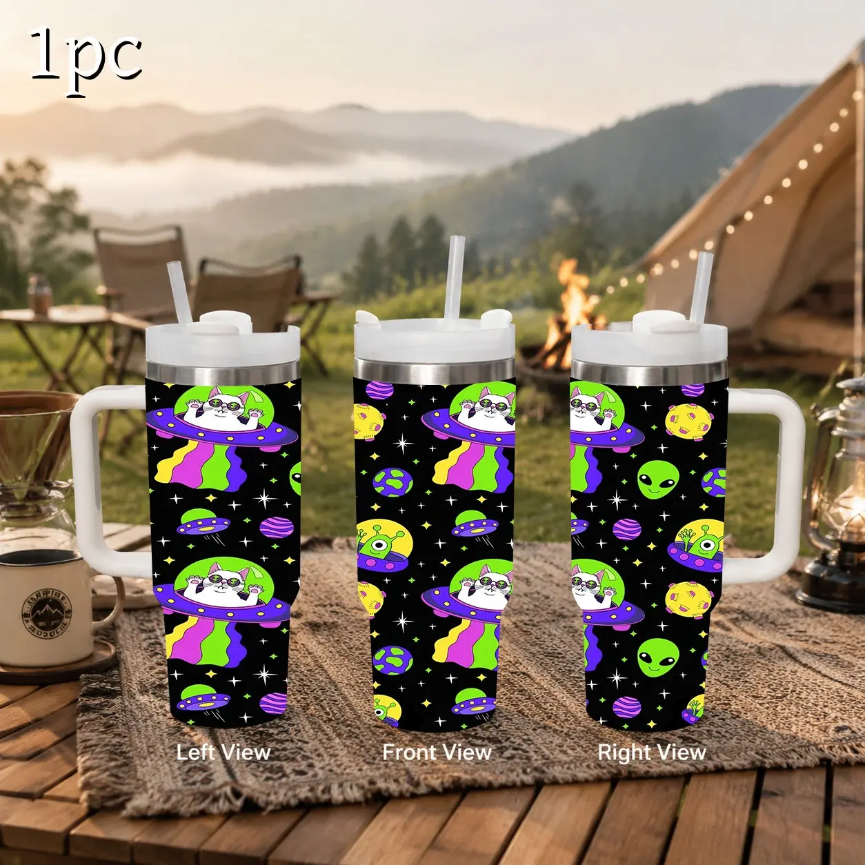 1pc Stainless Steel 40oz Travel Large-capacity water bottle With Handle,  Cartoon Space Cat UFO Alien Galaxy Graphic, Vacuum Double‑Wall Thermal Cup With Straw , Heat & Cold Retention, Spill‑Proof, Camping Daily Use, Trendy Novelty Gift,Halloween gift