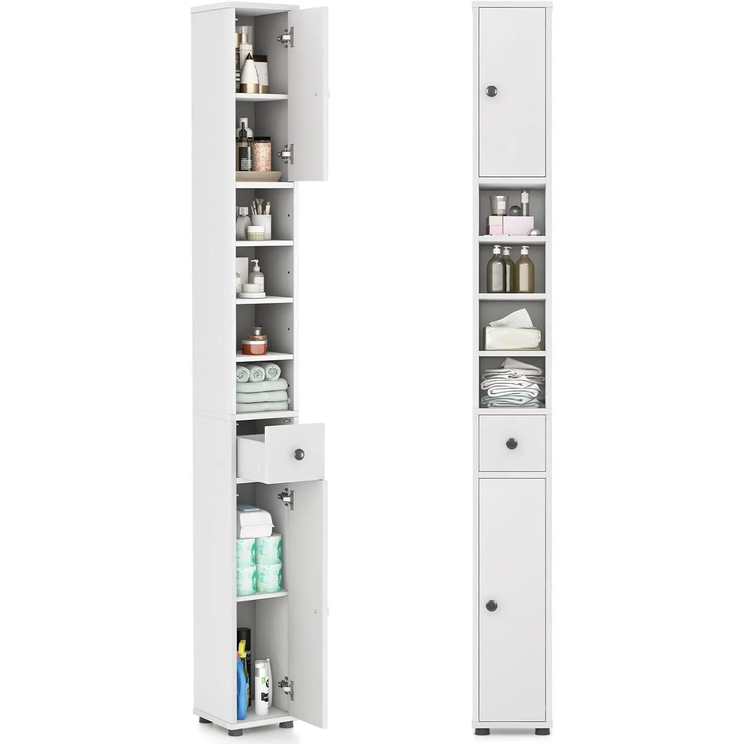 Tall Slim Bathroom Storage Cabinet, 71" Freestanding Bathroom Cabinet w/ 2 Doors, 1 Drawer & 5 Adjustable Shelves, Floor Narrow Tower Cabinet for Small Spaces, 8" x 8" x 71" (White)