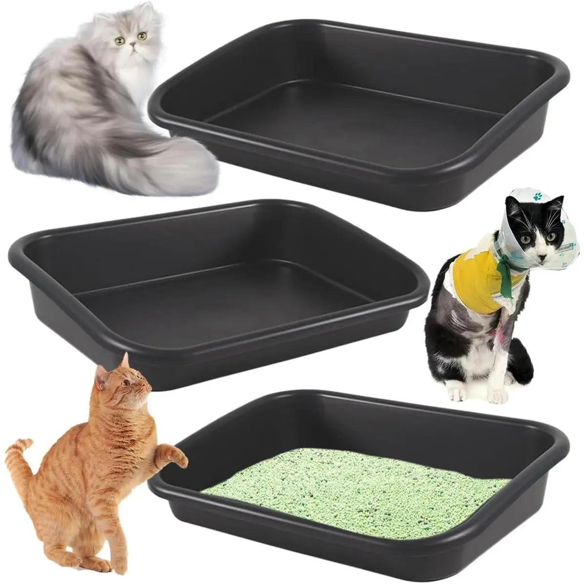 3 Pcs Low Entry Senior Cat Litter Box, Extra Large Size Open Top Pet Litter Box for Kitten Frail Handicap Disabled Older Elderly Cats, Easy to Clean (Dark Gray)