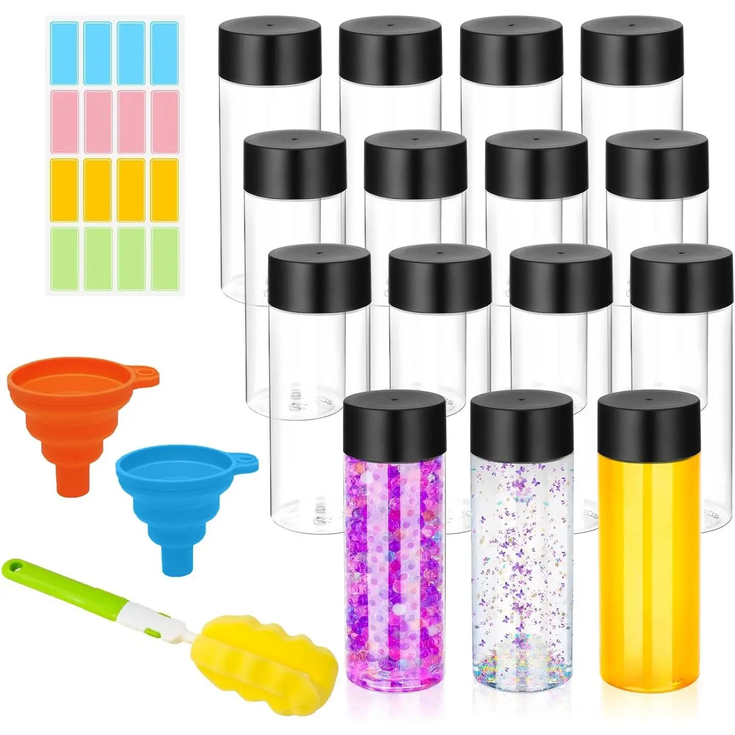 16 Pack Clear Plastic Bottles Empty Sensory Bottles with Caps –  Juice Bottles Drink Containers Leakproof Water Bottle for Juice Milk (Black , 10 oz / 300 ml)