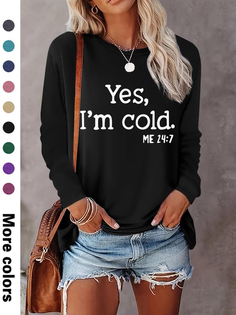 Women's Letter Print Round Neck T-shirts, Casual Long Sleeve Crew Neck T-shirts for Spring & Fall, Fashion Women's Top for Daily Wear