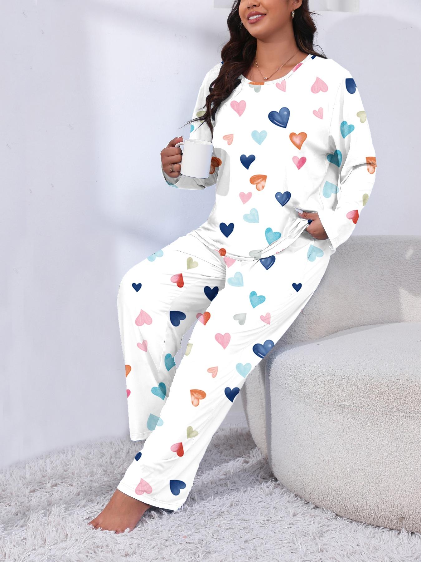 Plus Size Two-Piece Matching Heart Print Knit Pajama Set, Casual Fitted Long Sleeve Round Neck Tee & Pants, Women's Plus Sleepwear, Loungewear & Homewear for Spring & Fall, Pyjamas, Pjs, Pajamas Sets