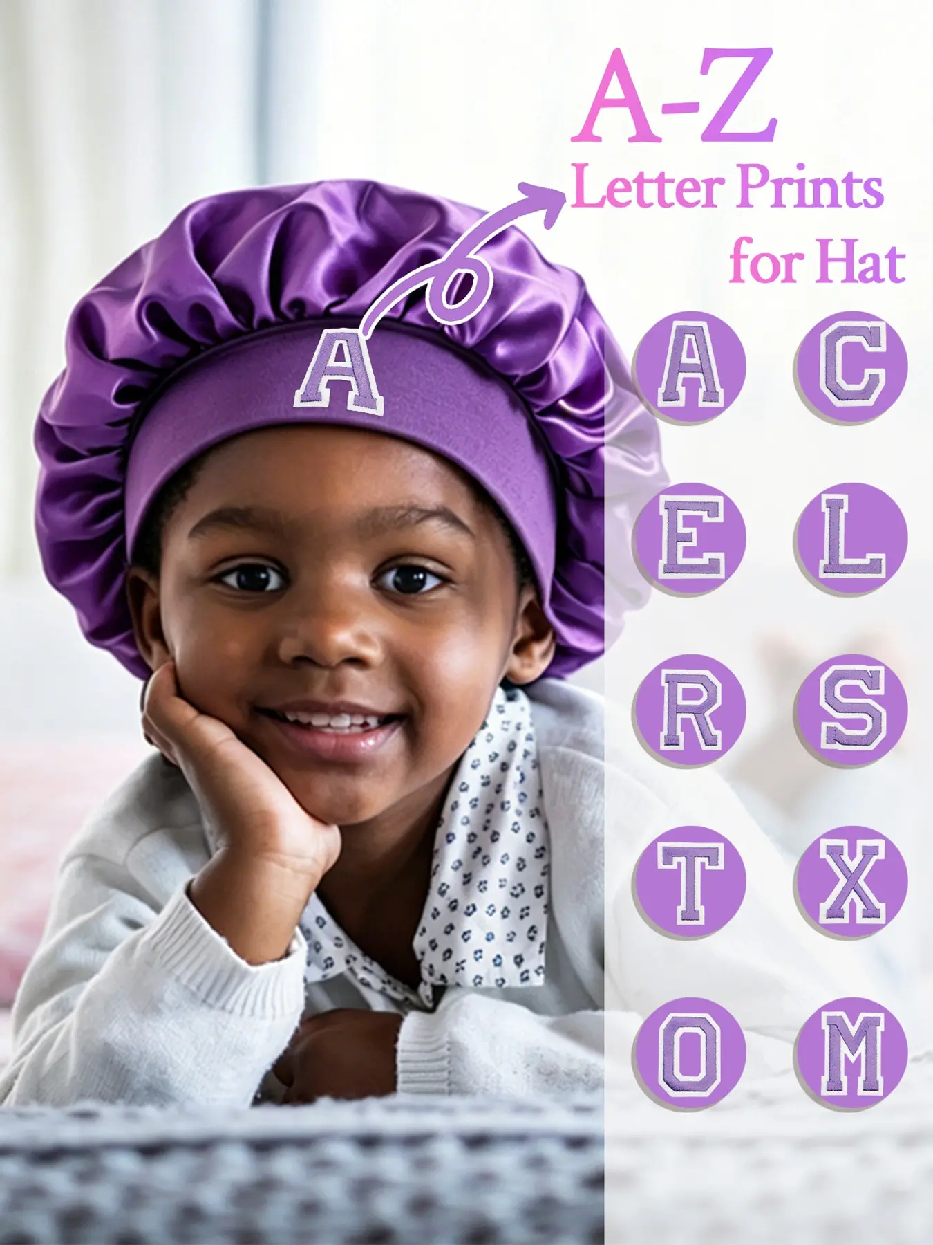 1PC Kids A-Z Alphabet Hair Bonnet with Elastic Headband, Lightweight Soft Hair Care Cap for Children Night Sleep, Daily Hair Care & Styling, Ideal Gift