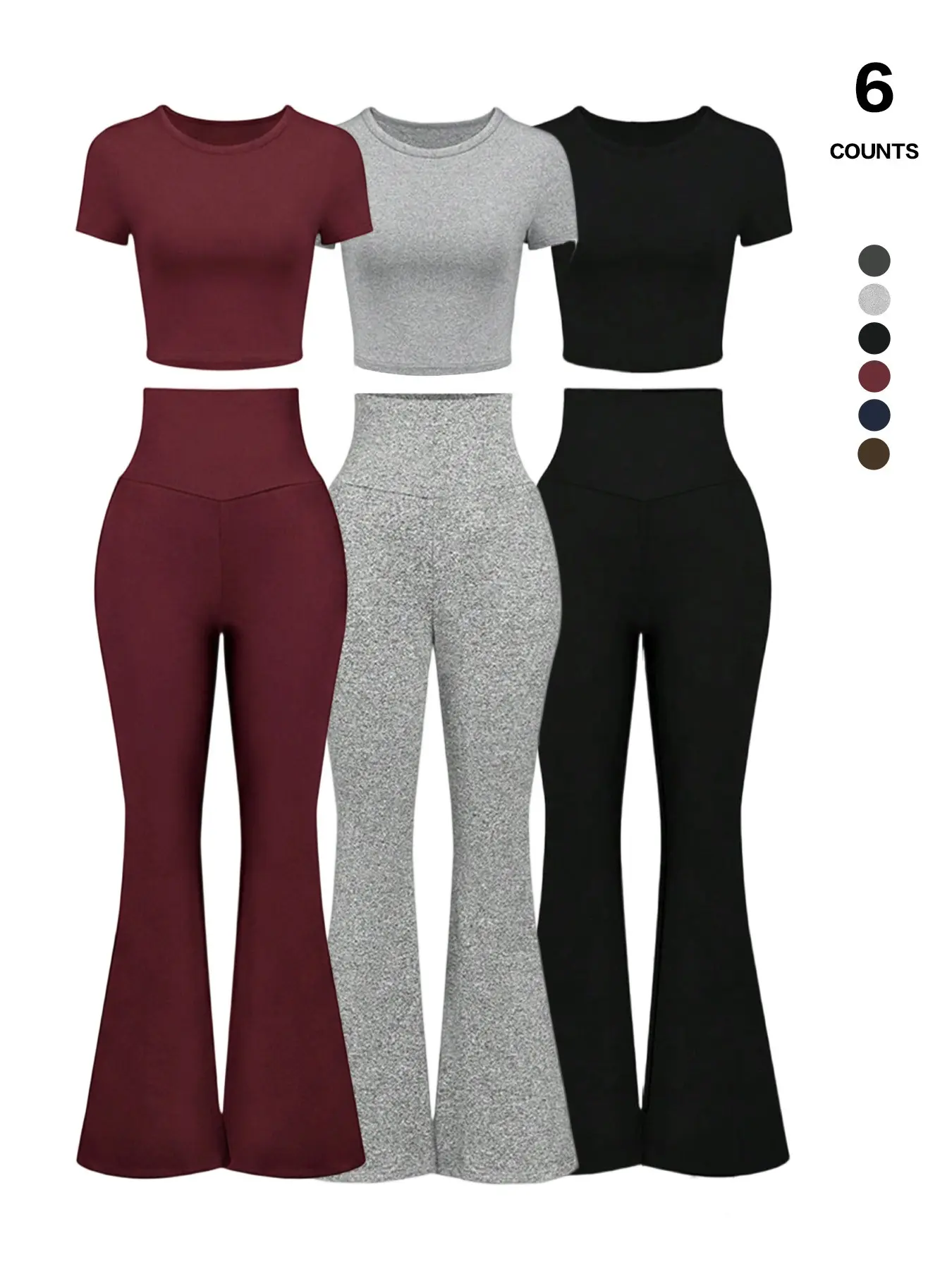 3-Piece Set: Short-Sleeve Crew Neck T-Shirt, Adjustable Elastic Waistband, Flared Fleece Pants, Basic Casual Loungewear, Breathable Fabric, Clothes