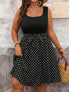 Plus Size Women's Patchwork Polka Dot Tie Front Sleeveless Summer Dress, Perfect for Vacation and Daily Wear, Stylish and Comfortable