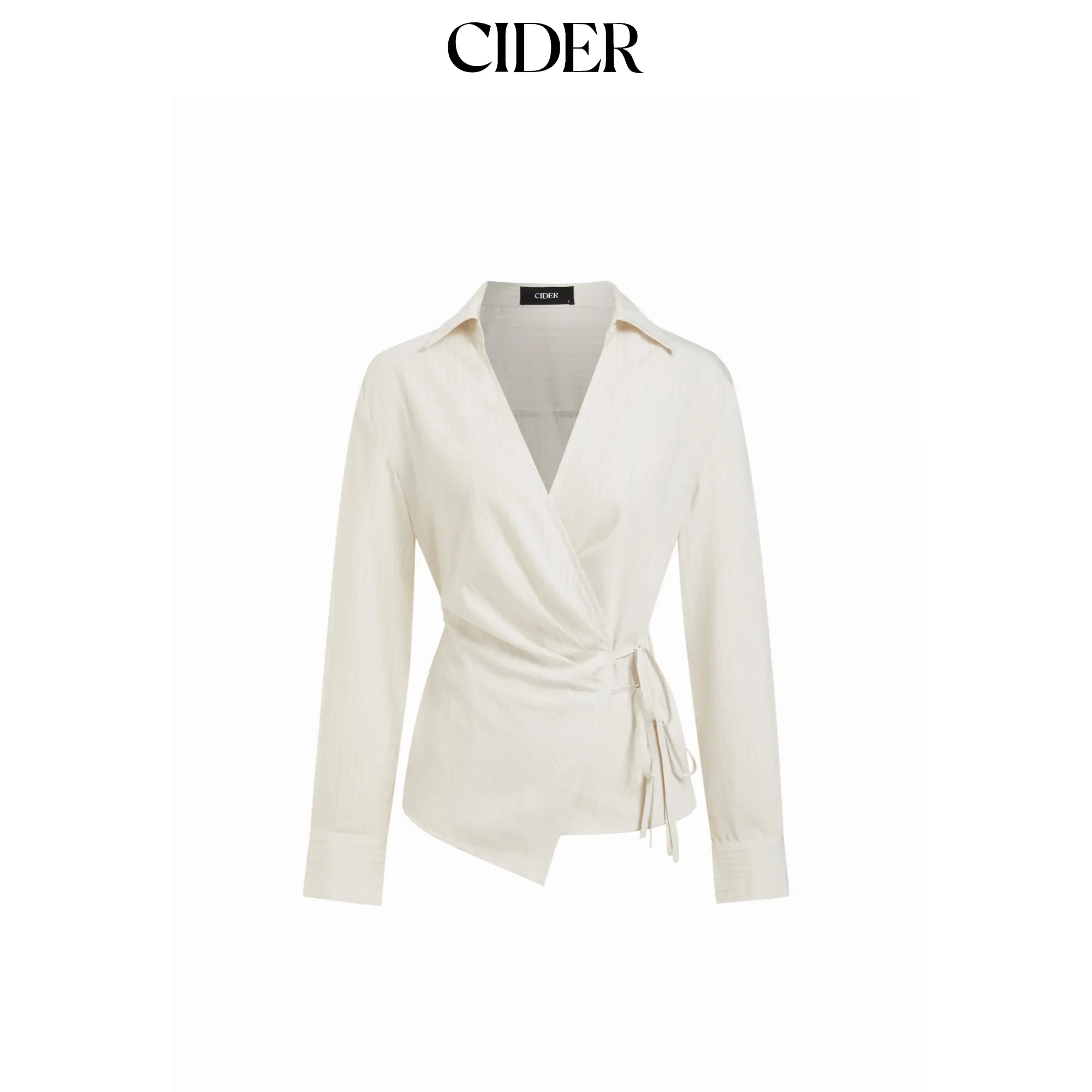 Cider Linen-blend Stripes Asymmetrical Wrap Ruched Knotted Shirt