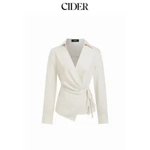 Cider Linen-blend Stripes Asymmetrical Wrap Ruched Knotted Shirt Dealsforyou