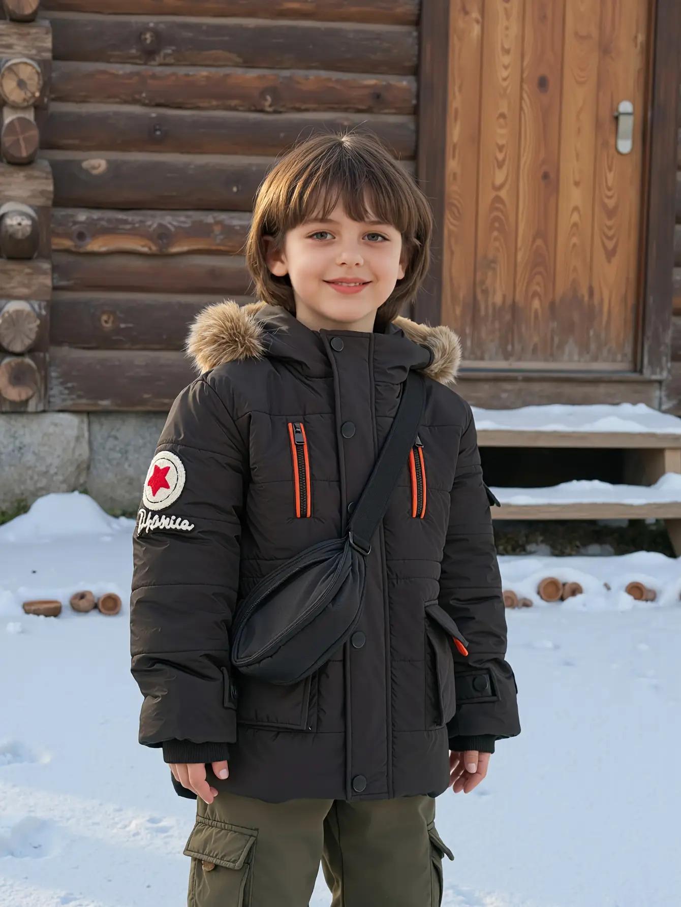 Boys' Winter Warm Hooded Jacket with Full-Zip Front, Elastic Cuffs & Pockets - Heavy-Duty Outerwear for Cold Weather, Casual Outdoor & Everyday Wear, Winter Jacket For Boys, Cold Weather Apparel, Stylish Winterwear, Durable Winterwear, Warm Coat