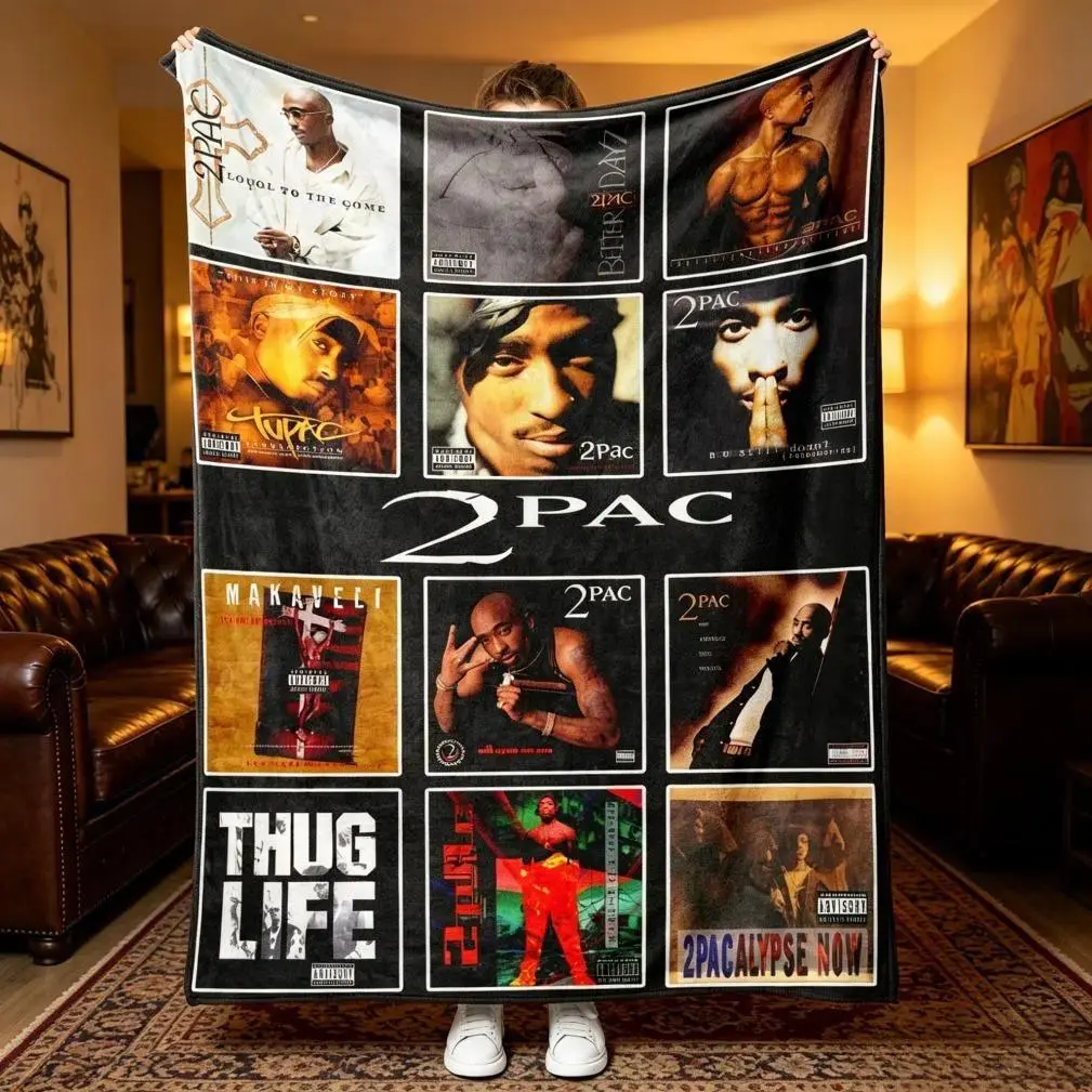 2Pac Tupac Shakur Album Art Makaveli Thug Life Collage Printed Flannel Throw Blankets Cooling Blankets Cooling Blanket Duvet Bedding Bed Accessories Comforter Set Soft Cozy Multi Purpose Hip Hop Decor Blanket for Bedroom Sofa Holiday Birthday Gift for 90s