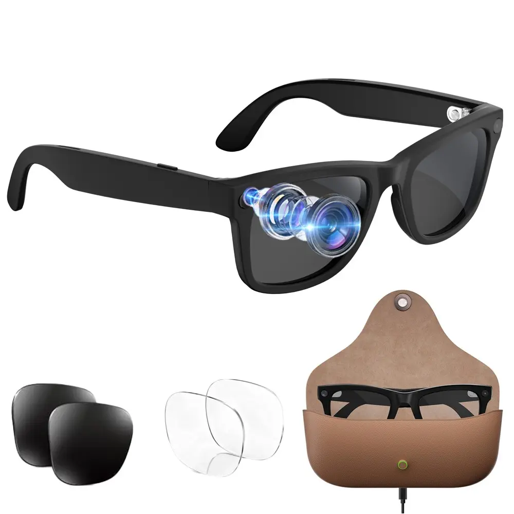 Bluetooth Audio AI Glasses with Music Playback, Wireless Smart Glasses, 8MP Camera, TR90 Frame+Metal Hinge, Leather Charging Case, 2GB Memory, 300Mah Battery, IP65 Waterproof, AI Translation, Bluetooth Call, WiFi Transfer