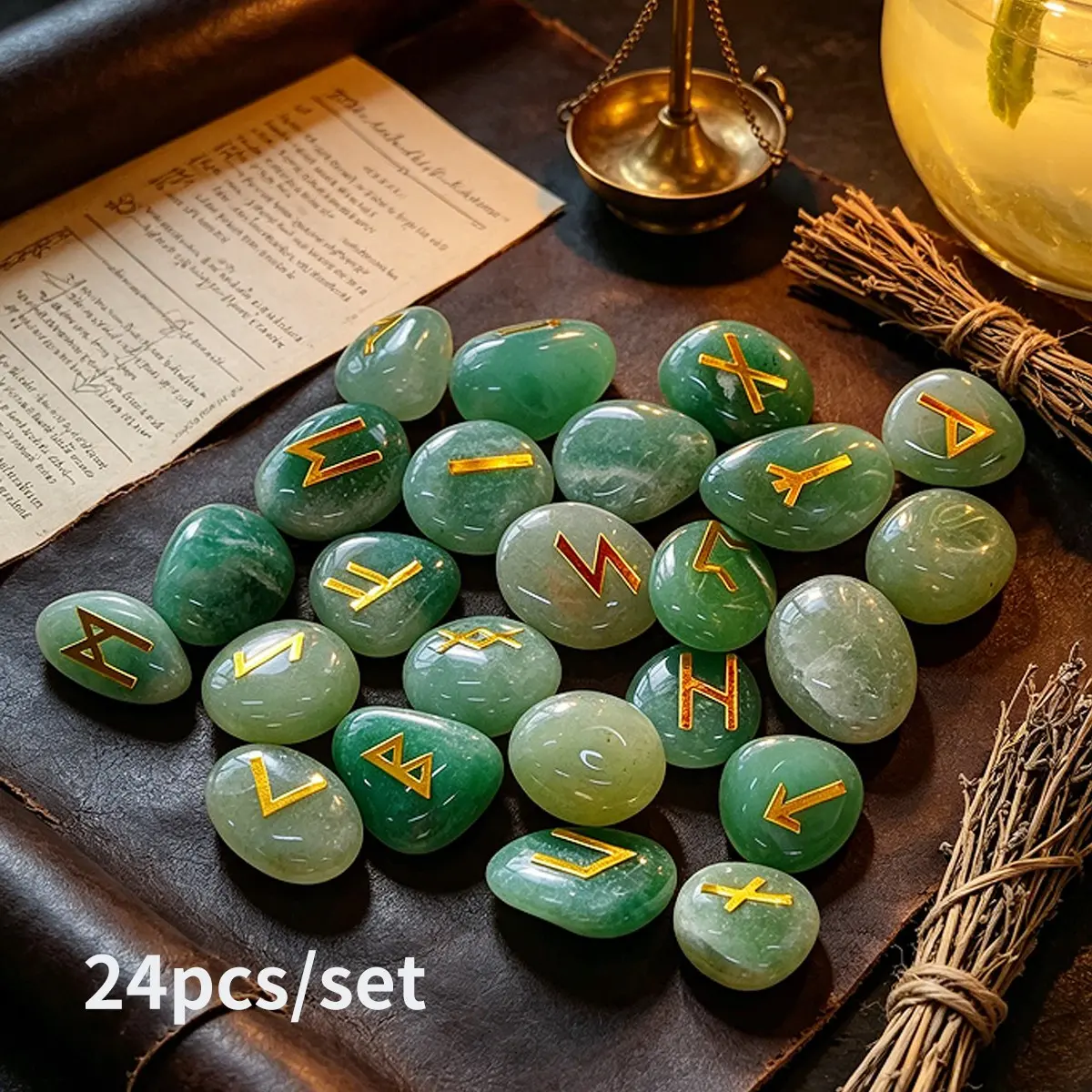 24pcs Natural Tumbled Rune Stones Set, Aventurine & Rose Quartz Crystal Runes, Nordic Divination Craft Supplies with Guide Book, Gemstone Decor, Crystal Decorative Ornaments