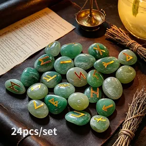 24pcs Natural Tumbled Rune Stones Set, Aventurine & Rose Quartz Crystal Runes, Nordic Divination Craft Supplies with Guide Book