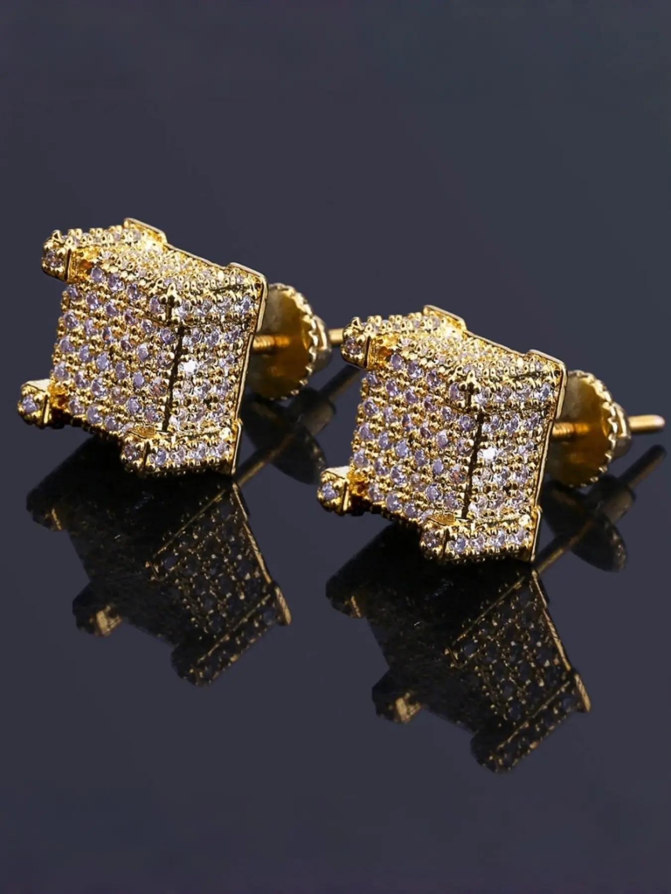 2pcs Square Zirconia Earrings, Gold Plated Unisex Stud Earrings, Hip Hop Music Festival Accessories, Couple Matching Jewelry, Gift For Girlfriend/Couples, Double Up Earrings