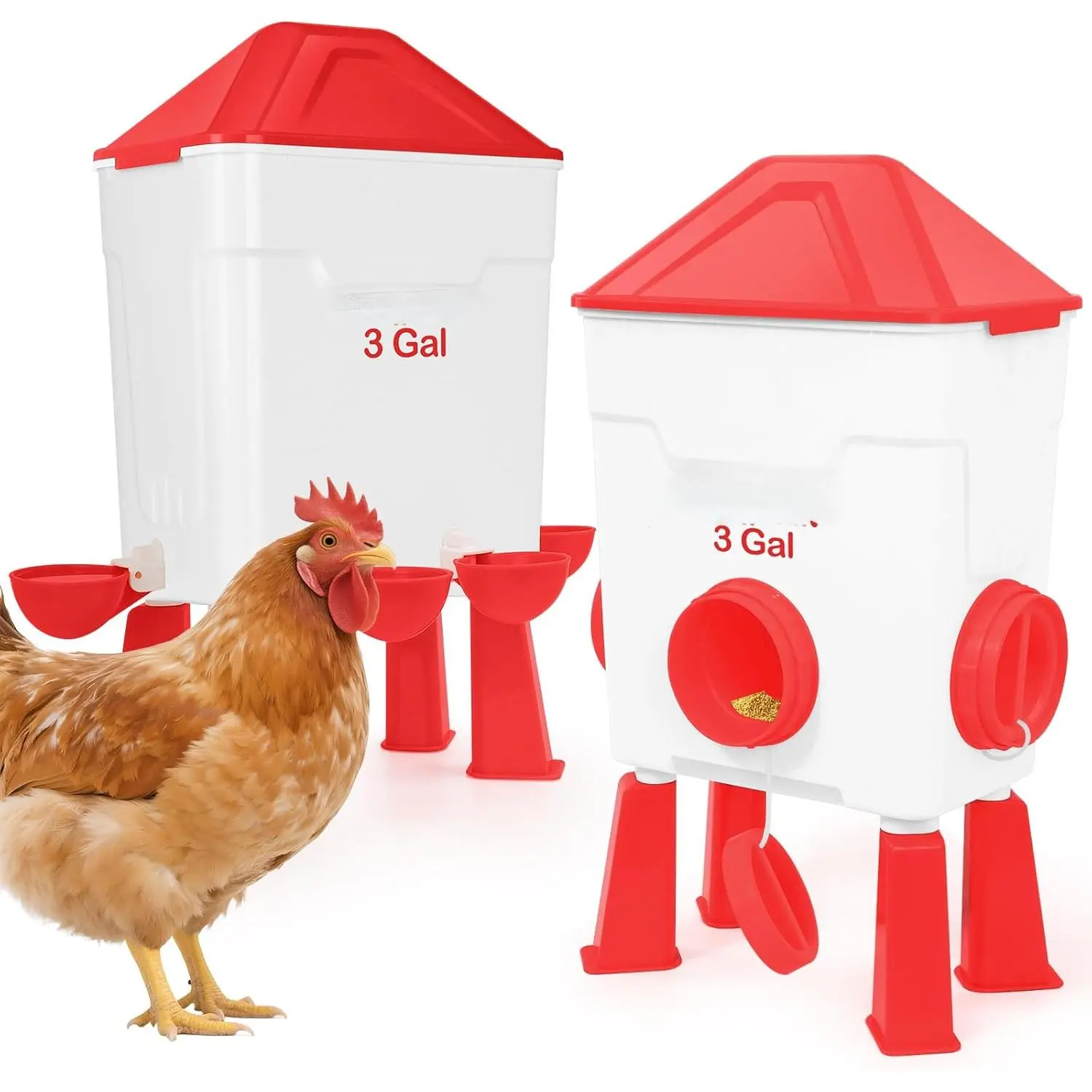 Chicken Waterer and Feeder Set with Automatic Drinking Cups, Feed Ports and Anti-Roost Cone, Standing or Hanging Poultry Feeding System with Tool-Free Assembly