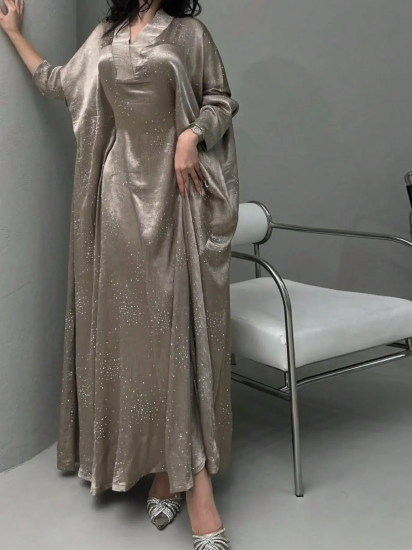 Muslim Women's Abaya Long Dress, Elegant Rhinestone Embellished Satin Gown, Luxurious Party Outerwear, Modest Conservative Robe, Embellished Open Abaya