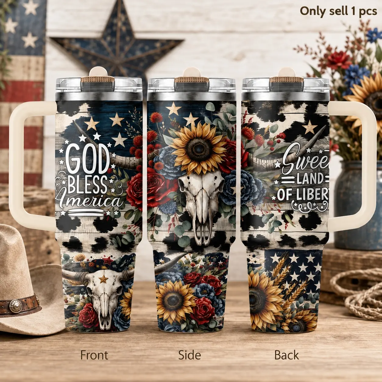 God Bless America 40oz Tumbler – Patriotic USA Flag Inspired Stainless Steel Insulated Cup with Handle & Straw Lid for Coffee, Water, Office, Gym, Travel, Car Cup Holder, American Pride Gift