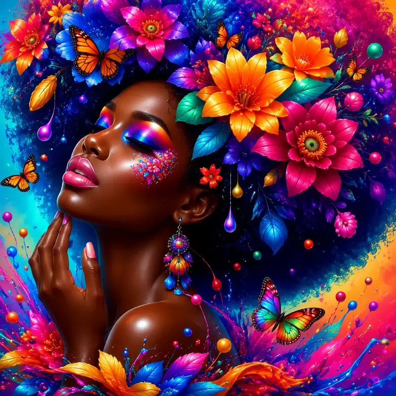 5D DIY Diamond Painting Kit Colorful Flower Butterfly Black Woman Portrait Vibrant Splash Art Full Round & Square Drill Rhinestone Mosaic Cross Stitch Craft Handmade Wall Art Home Decor Gift for Living Room Bedroom