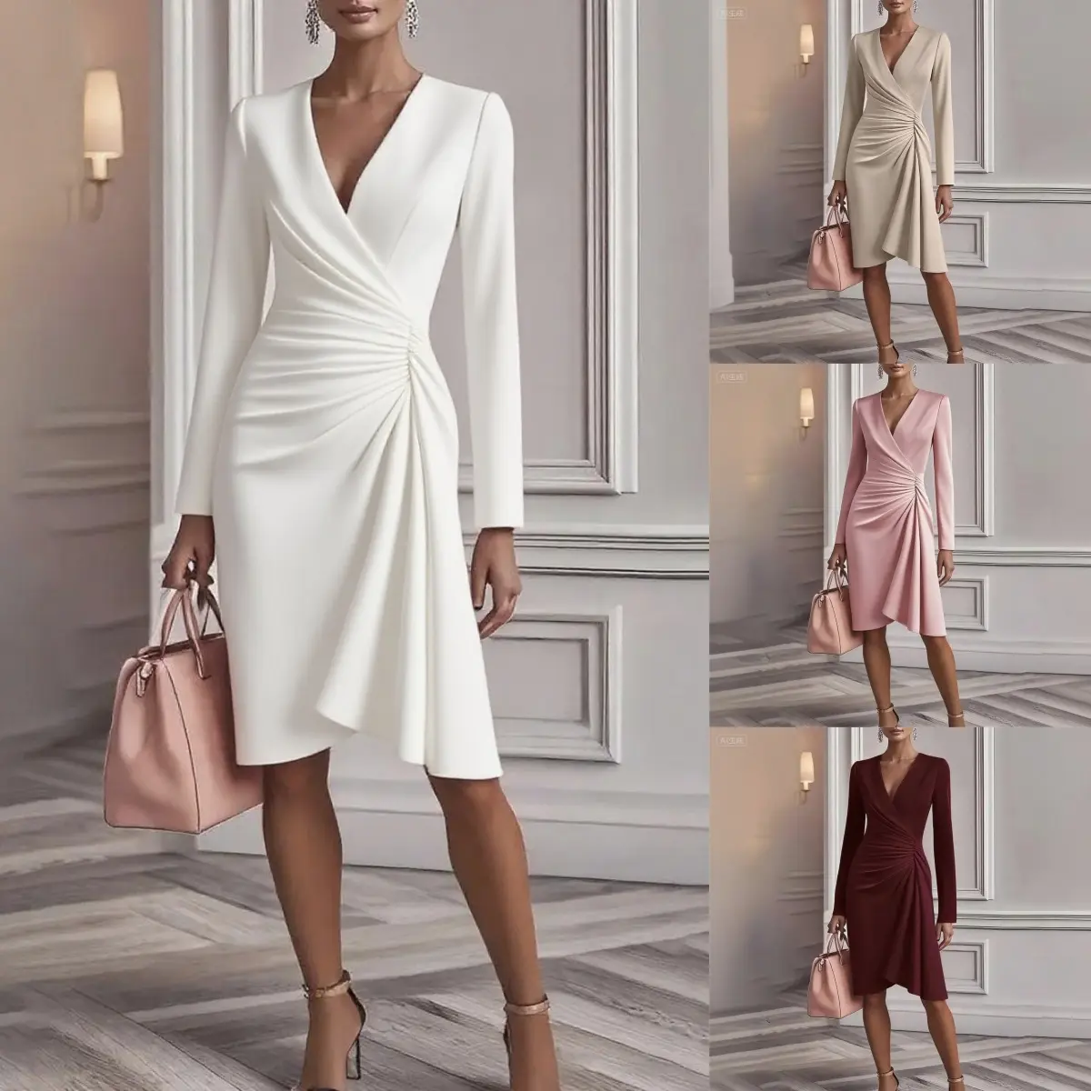 Women Fall Solid Wrap V Neck Long Sleeve Dress, Ruched Waist Irregular Hem Party Midi Dress