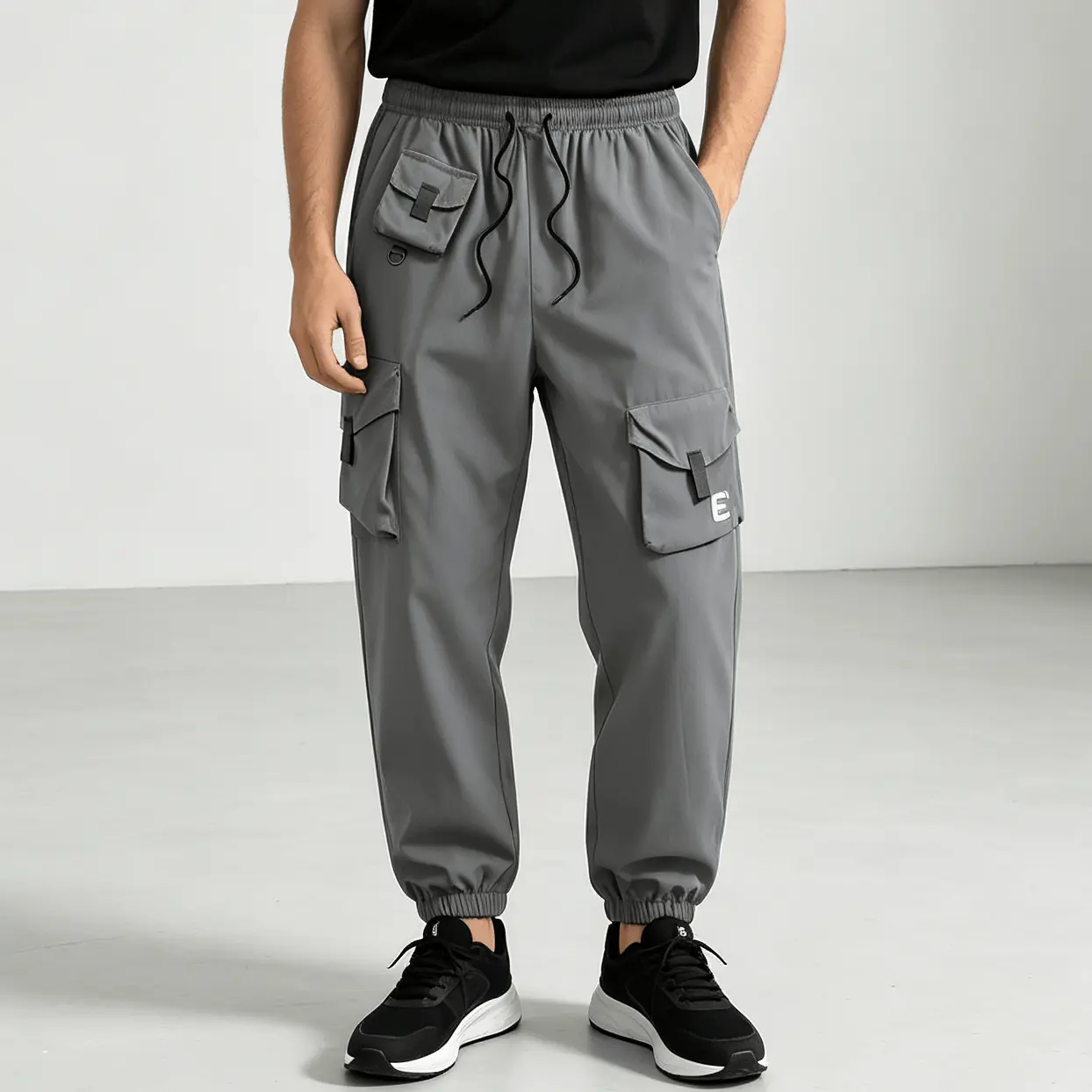Male Grey Quick-Dry Polyester Cargo Jogger Pants - Elastic Drawstring Waist, Multi-Flap Pockets, Ankle-Length Cuffs, Lightweight Breathable Baggy Wide-Leg Bottoms for Daily Wear, Street Outfits, Hiking, Polyester Clothes, Cargo Flap, Street Casual, Letter