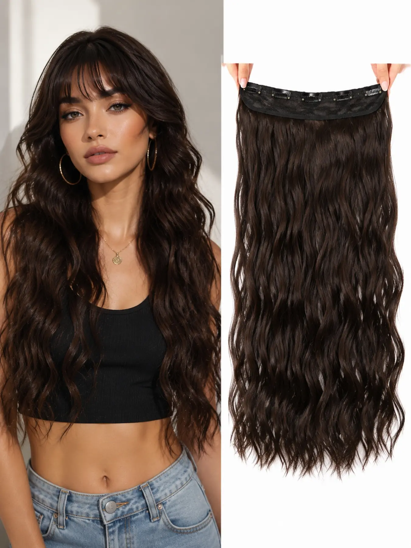 24 Inch Wavy Halo Hair Extensions, Invisible Wire Synthetic Hairpiece for Women, Long Natural Looking Flip In Hair Extension, Instant Volume and Length