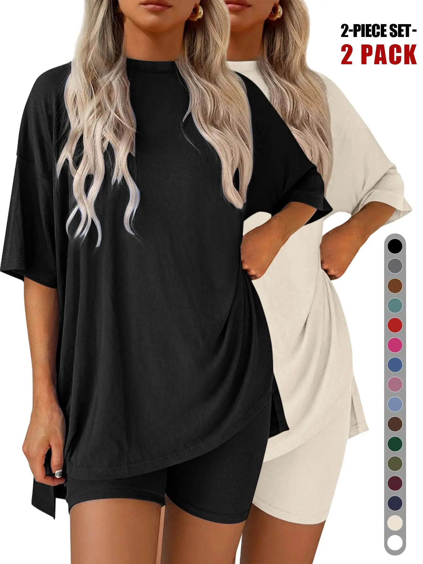 Women 2 Pack Matching Lounge Set, Oversized Side Split Short Sleeve T-Shirt & High Waist Biker Shorts, Soft Casual 2 Piece Outfit, All Seasons Airport Travel Daily Home Loungewear