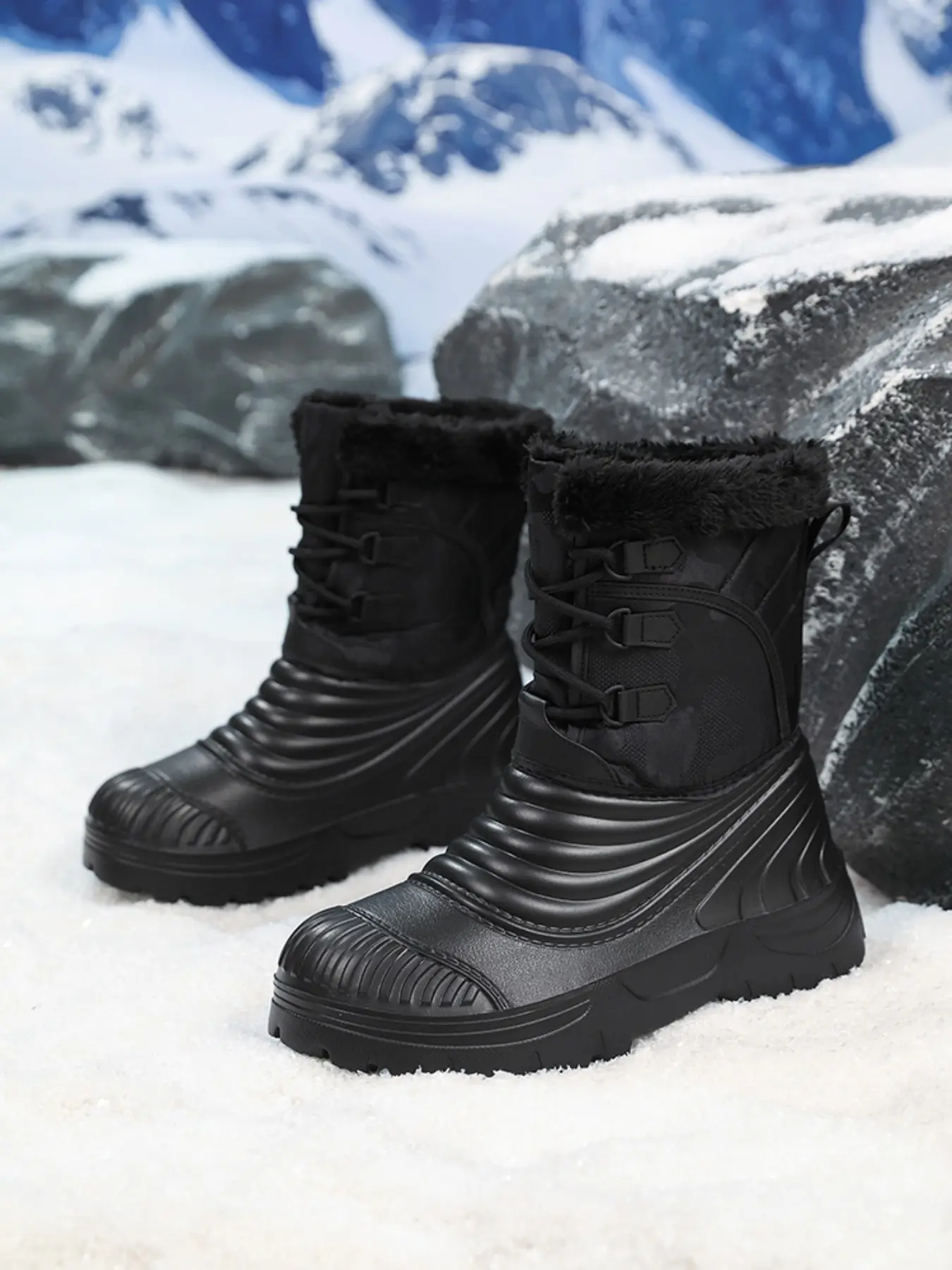 Textured Fuzzy Trim Snow Boots, Waterproof Rubber Upper, Shell Toe Protection, Thick Fleece Lining, Non-Slip Sole, Unisex Winter Boot