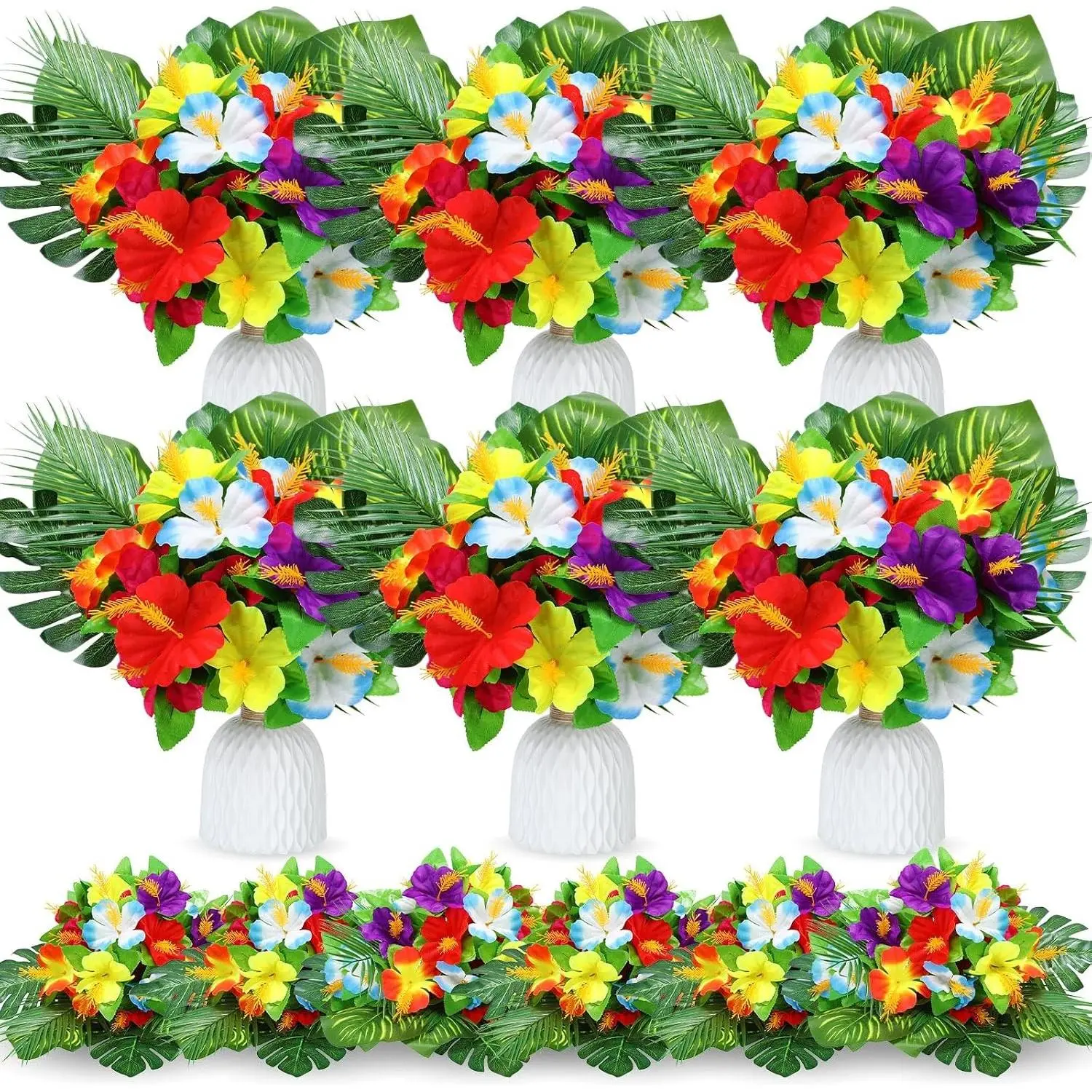 24 Pcs Hawaiian Flower Centerpieces for Tables Artificial Palm Leaves Fake Hibiscus Flowers Tropical Party Decorations Supplies for Luau Safari Jungle Beach BBQ Theme Party Birthday Table Decor